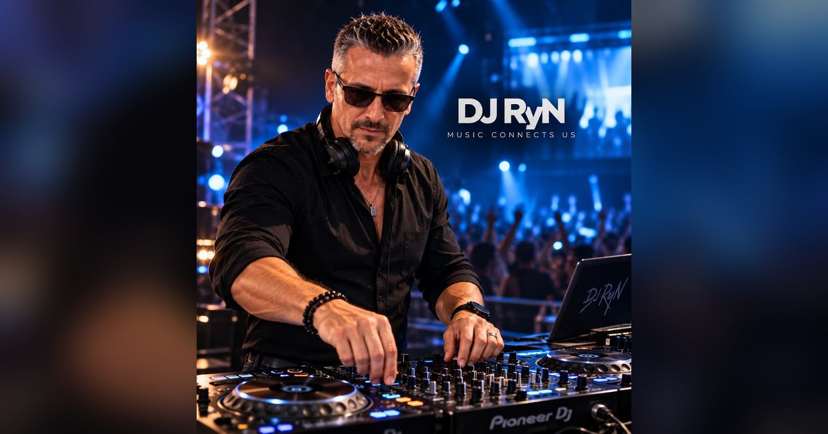 DJ RyN la pupitrul Pioneer DJ, cu logoul DJ RyN – Music Connects Us