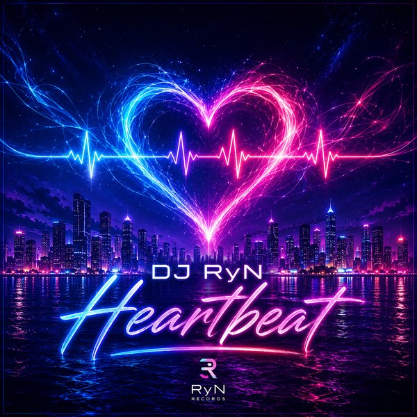 Cover art DJ RyN – Heartbeat: blue and pink neon heart with a pulse line over a city at night