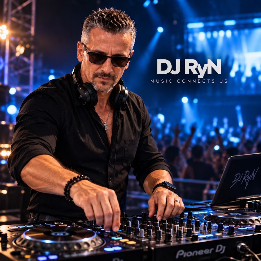 DJ RyN la pupitrul Pioneer DJ, logo DJ RyN – Music Connects Us